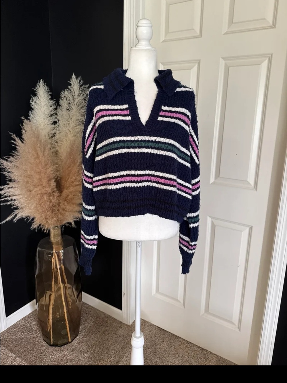 Free People Kennedy Striped Pullover Knit Sweater Navy Blue Pink Size Small - Picture 7 of 12